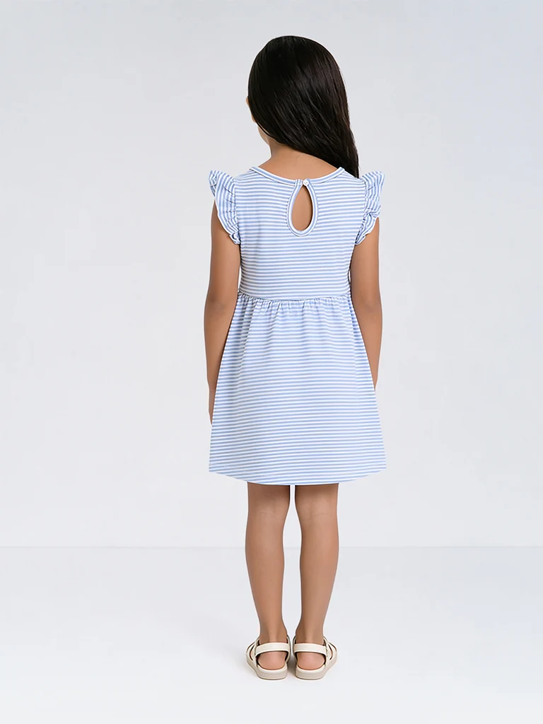 Kids Girls Blue Striped Sling-Bag Detail Cotton A-Line Dress